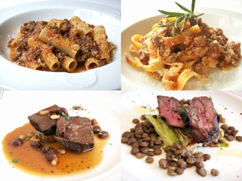 ボローニャ風ミートソースのリガトーニ、仔羊のラグー　タリアテッレ、和牛ホホ肉の赤ワイン煮、イベリコ豚ホホ肉のロースト　レンズ豆とタイムのソース