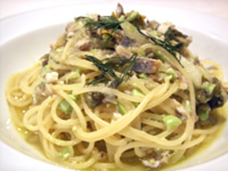 焼き鮎と枝豆のスパゲッティーニ