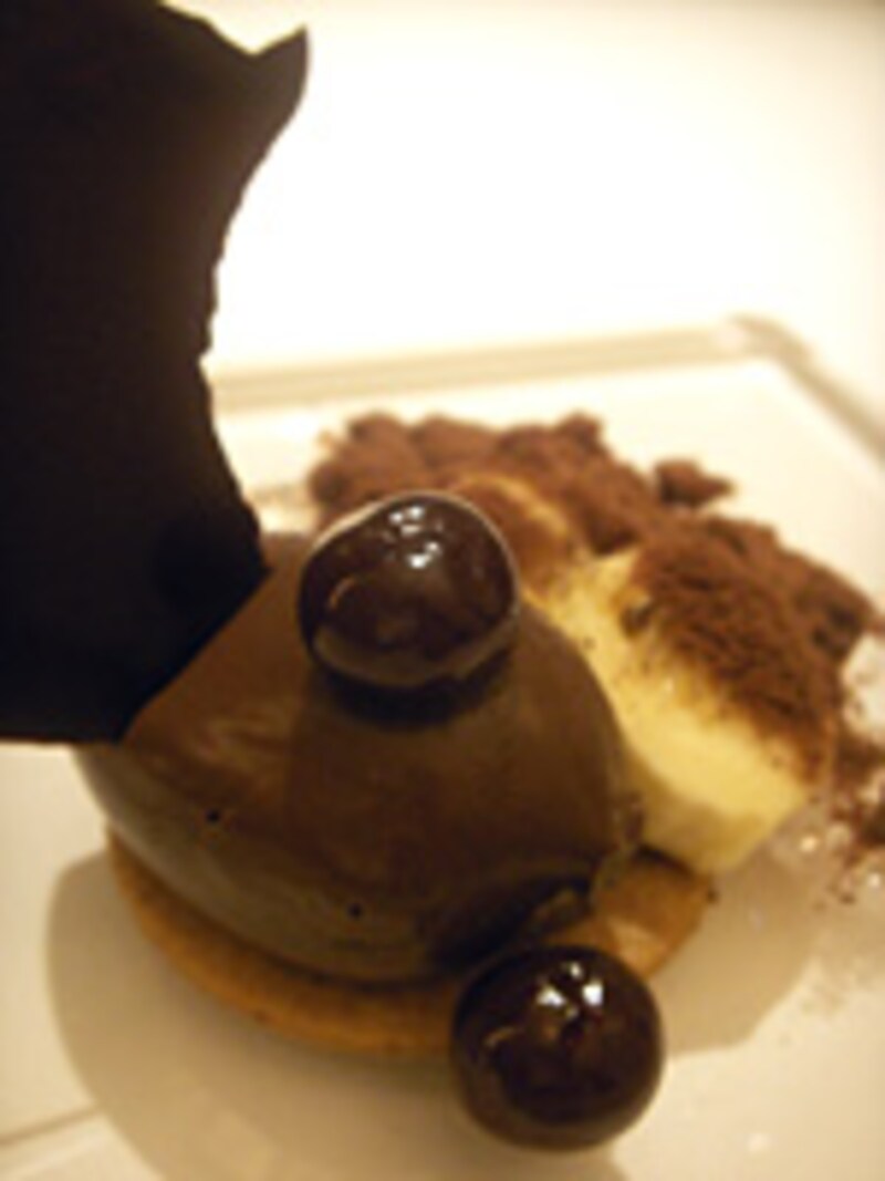 クリーム未使用のガナッシュショコラ スパイス風味のサブレ ソルベ・カカオのパウダー カカオウォーターと共に