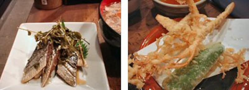 <にしんづけはお酒のつまみにgood=左><季節の天ぷら。本日は朝鮮人参=右>