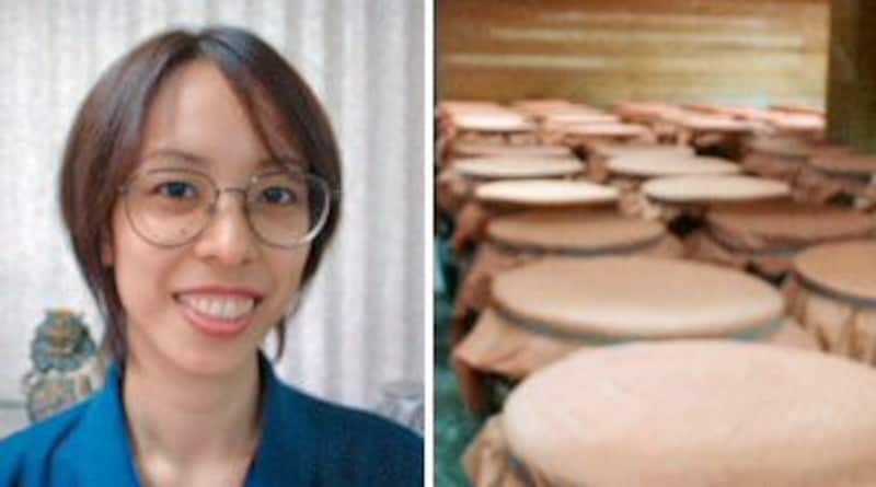 <杜氏さんはなんと若き女性 中村呂桜良(ローラ)さん=左><酒を貯蔵する大甕が並ぶ=右>