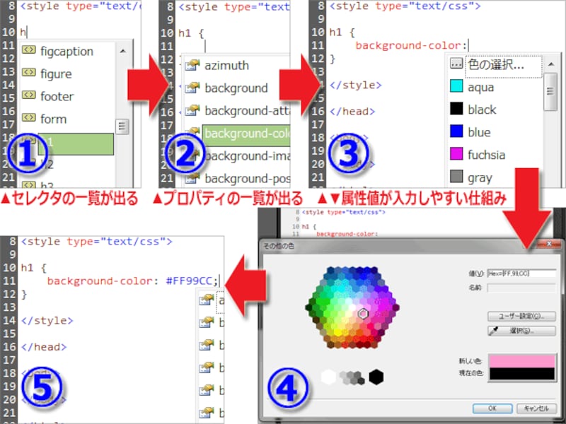 CSSソースの入力最中に自動補完してくれる機能