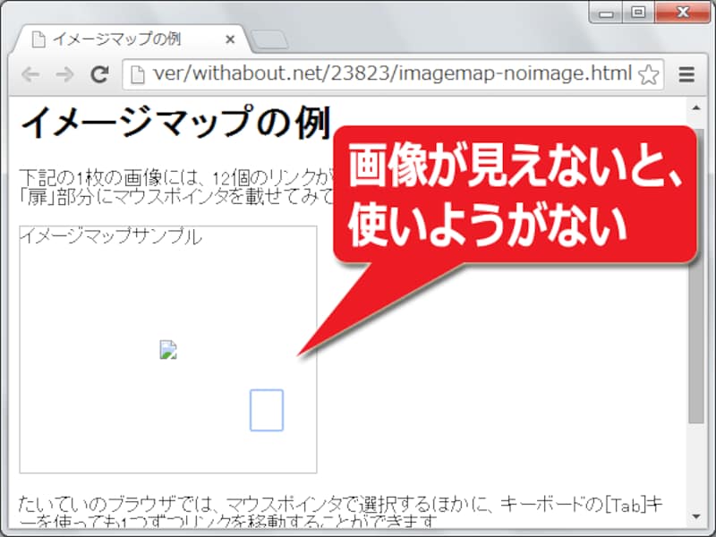 画像が表示されないと、イメージマップで用意されたリンクは何も分からなくなる