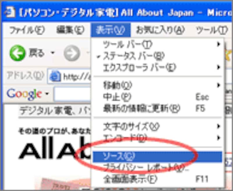 Internet Explorerでのソース表示メニュー