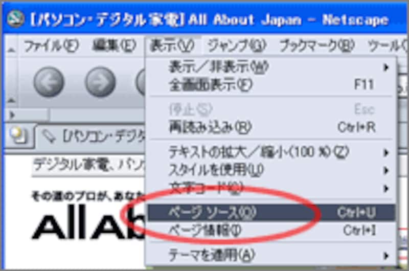 Netscape Navigatorでのソース表示メニュー