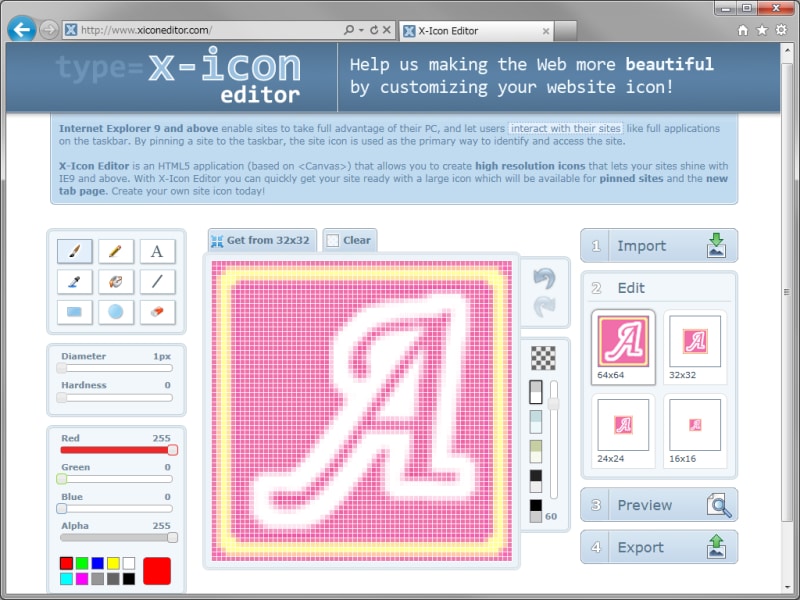ブラウザだけでファビコンを作成できる「x-icon editor」