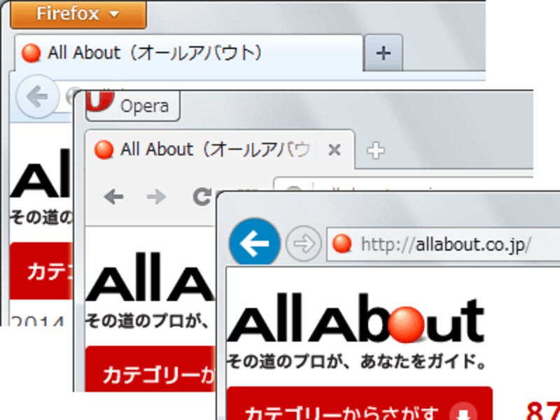 ファビコンは多くのブラウザが対応している (Firefox、Opera、IEの例)