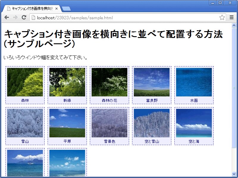 キャプション付き画像を横向きに並べて配置するサンプルページ