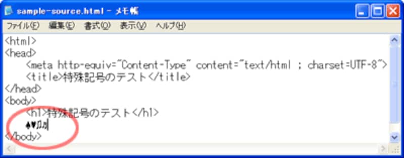 ソース上に直接特殊な記号を入力したところ