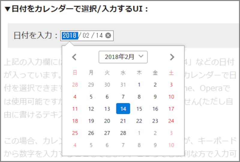 日付をカレンダーから選ぶこともできるし、直接数値で入力することもできる、日付入力専用フォームの表示例（Firefoxでの表示例）