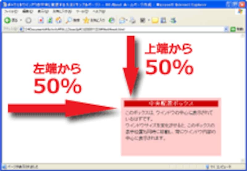 表示サンプル：上端から50％・左端から50％に配置したボックス
