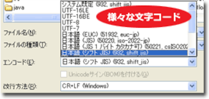 保存時に様々な文字コードが選べる