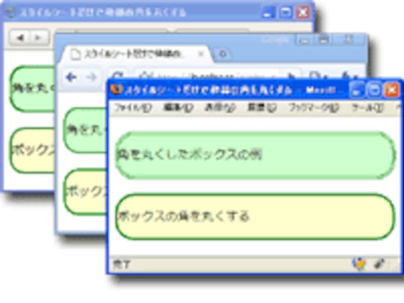 border-radiusプロパティは古いブラウザでも表示できる(IEはIE9以降)。図はWindowsXP版の各ブラウザで角丸を表示した例