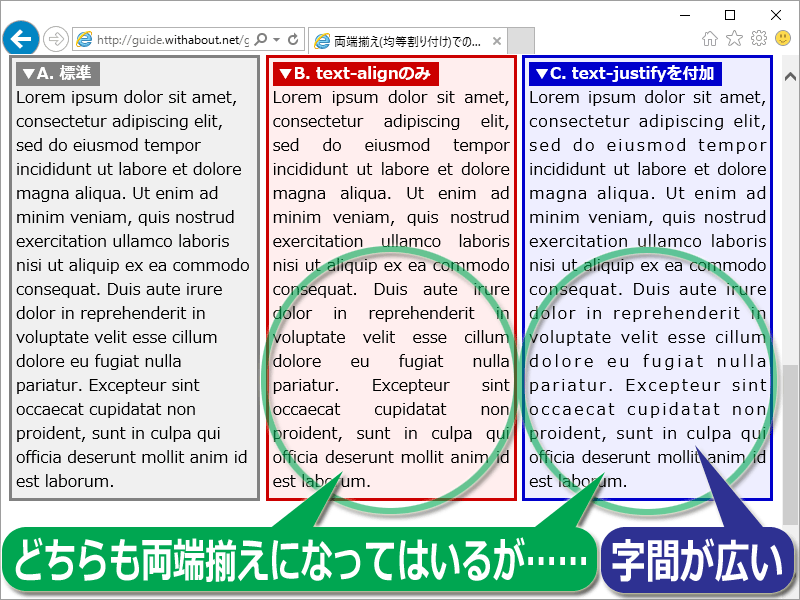 text-justifyプロパティに値「inter-ideograph」を指定して英文をIE11で見ると、英字であっても文字の間隔で調整されている