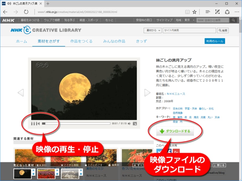 映像素材を再生したりダウンロードしたりできる