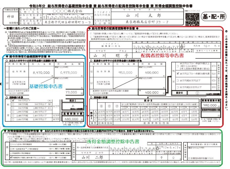 年末調整の書式に組み込まれた基礎控除申告書　（出典：国税庁資料より　筆者一部加工）