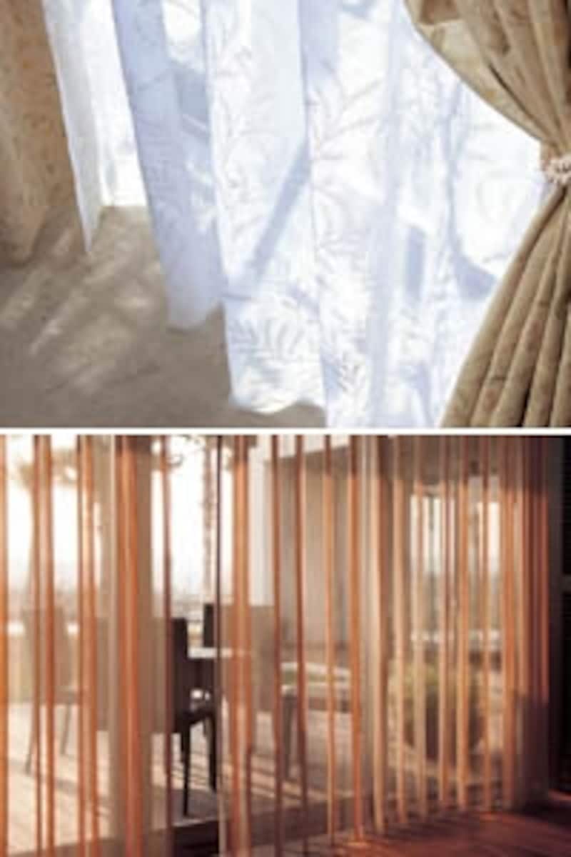 上：ボイル地に刺繍を施したエレガントなトランスペアレント　下：カフェ色のオシャレなトランスペアレント。（画像：川島織物セルコン）