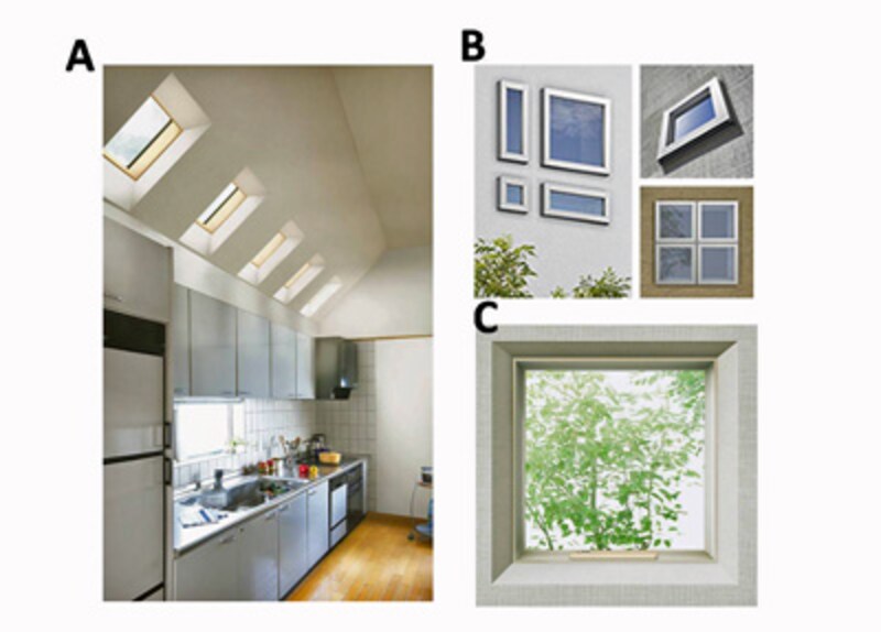 【写真2】アクアコートが採用されている窓の施工例。A：「スカイシアター」（天窓） BおよびC：シンプルアートIIシリーズ（画像提供：トステム）