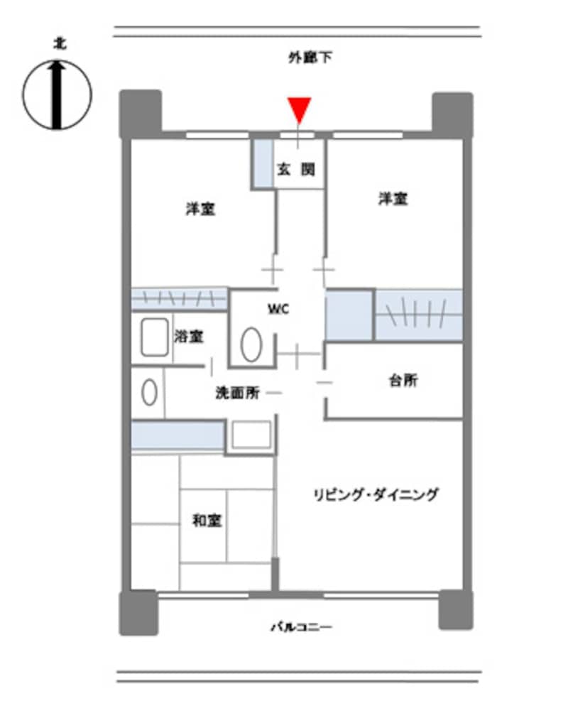 【図1】外廊下型マンションの中住戸に多くみられる田の字プランの例。