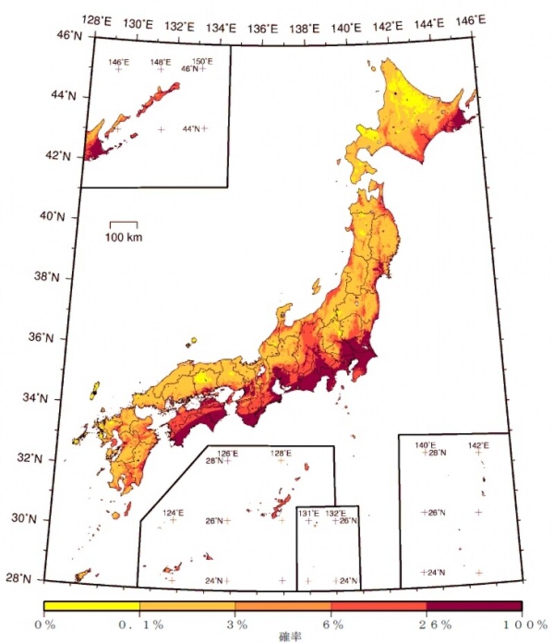 今後30年間に震度6弱以上の地震に見舞われる確率。「全国地震動予測図」（地震調査研究推進本部：2014年公表）