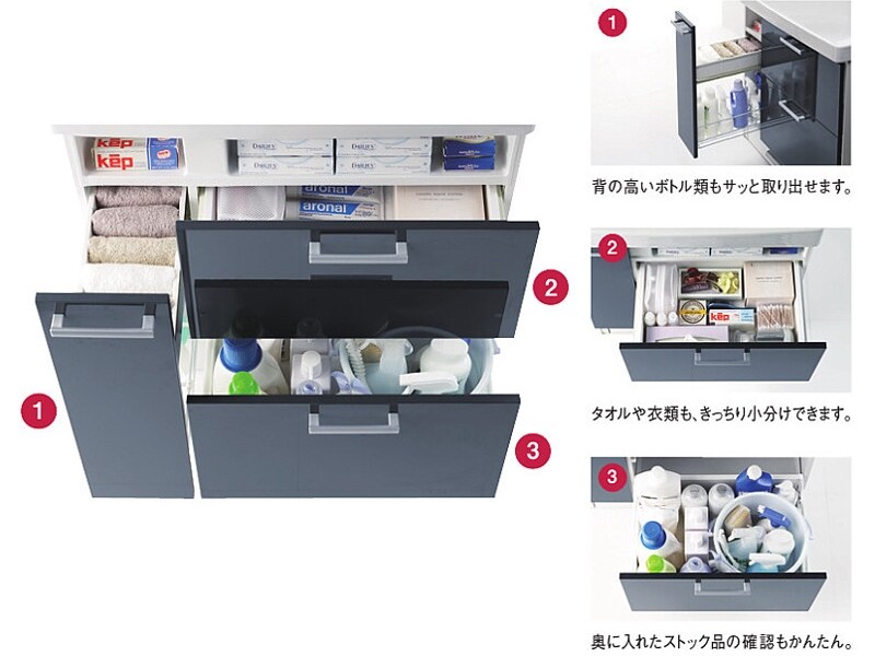 サイズの異なる引き出しに、きっちりしまえる　3Wayキャビネット　[サクア]　 TOTO　 http://www.toto.co.jp/　