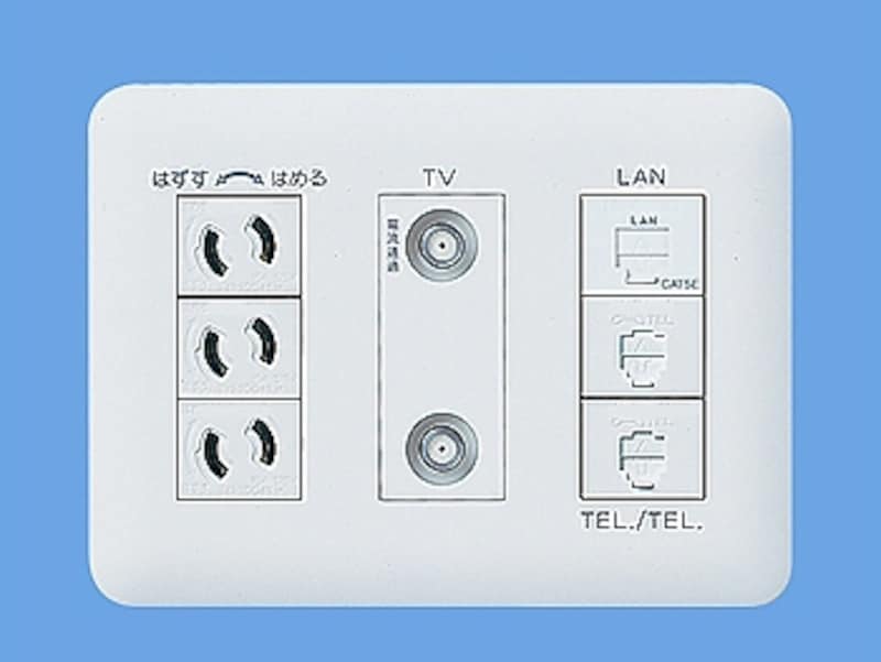 インターネット、テレビインターネット、テレビ、電話を利用するためのコンセント。1ヵ所からまとめて配線できるので、コードやケーブルが目立つことない。[マルチメディアコンセント　WTF34445W]　パナソニックエコソリューションズ　http://sumai.panasonic.jp/、電話を利用するためのコンセント。1ヵ所からまとめて配線できるので、コードやケーブルが目立つことない。[マルチメディアコンセント　WTF34445W]