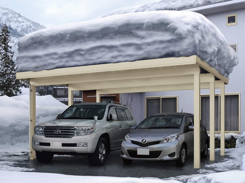 積雪と強風に耐える強靭な折板屋根のカーポート。　［ジーポートneo　積雪150cm　基本セット2台用　55-55　角柱　横材なし］