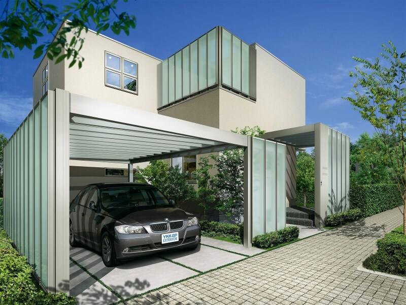 外観デザインとコーディネートできるカーポート。サイズ、カラーともに建物とのバランスを考慮しながらプランニングすることが可能。　［リレーリア カーポート］
