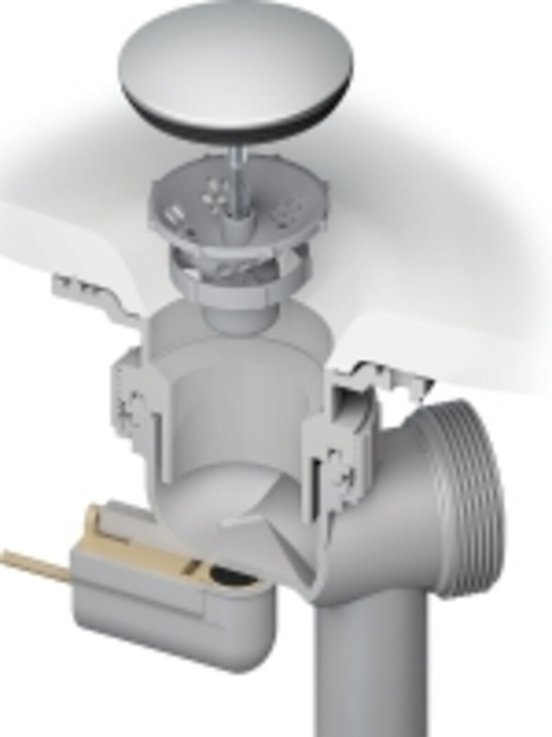 汚れが気になるフランジをなくし、ヘアキャッチャーの構造を工夫することで、髪・ゴミなどをキャッチしながらも通水は妨げない。排水口底部分にも凹凸がなく、スポンジでサッとお掃除が可能。[エルシィundefinedソコまでてまなし排水口]undefined LIXILwww.lixil.co.jp/