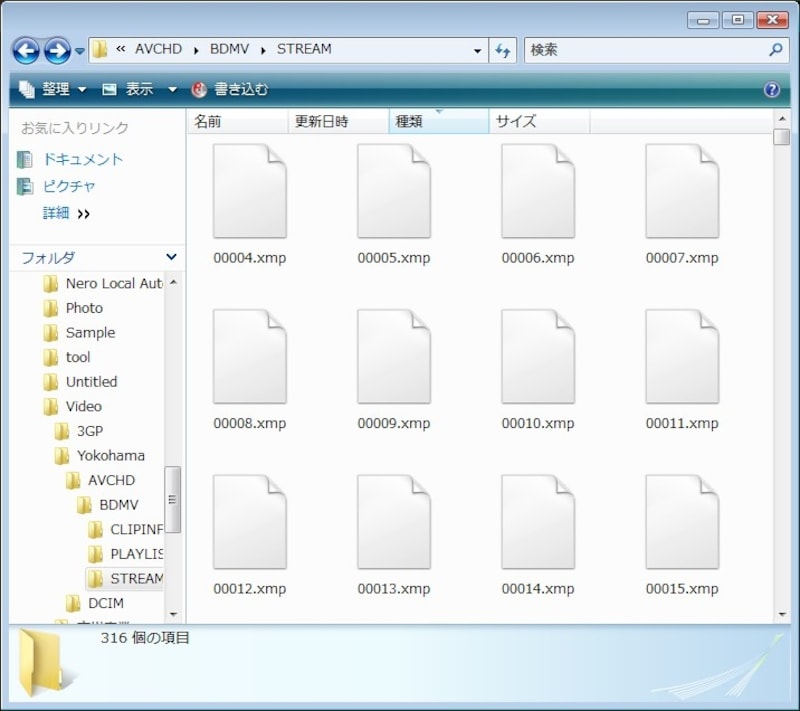 ▲ビデオカメラからパソコンに取り込んだAVCHD形式のファイル。