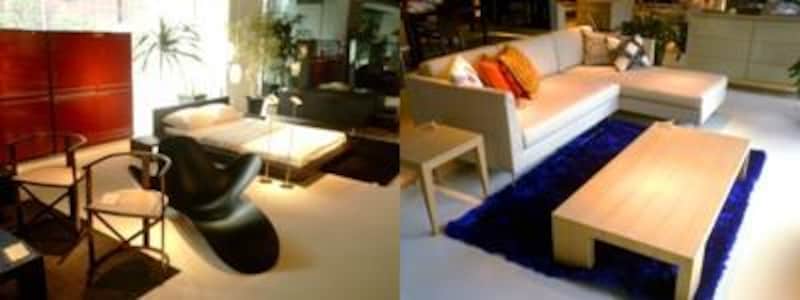 個性的なイタリアデザインの家具と、シンプルなソファのディスプレイ