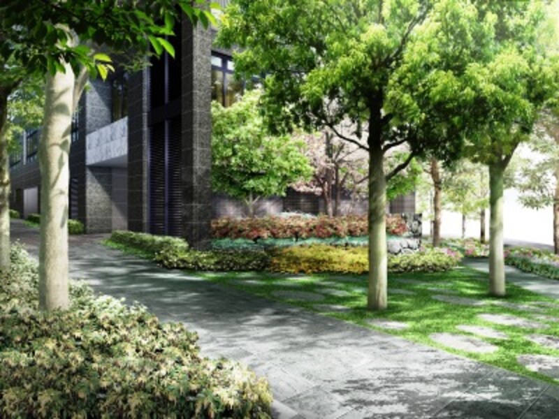 総合設計制度の採用によって設けられた公開空地。周辺の街並みにゆとりを生みだすランドプラン「外構完成予想CG」<br>図面を基に描き起こしたもので、形状・色彩・植栽等は実際とは多少異なります