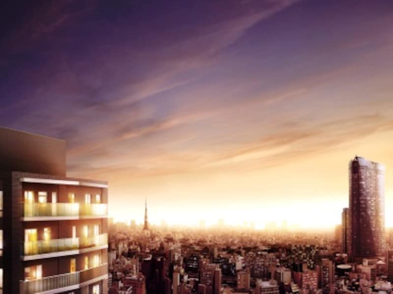 「タイプによっては東京タワーと六本木ヒルズが一望のもとに」<br>現地高さ92mの位置より南東方面を撮影（平成20年5月）したものに外観予想CGを合成。実際とは異なります<br>※本表示は販売住戸から「東京タワー」が見えることを保証するものではありません