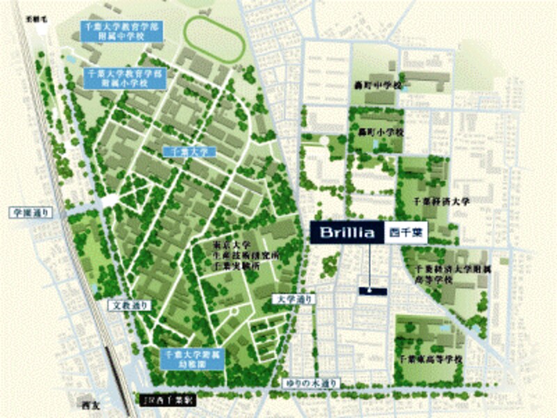 国立千葉大学始めとして多くの教育機関が集まる文教地区(現地周辺イラスト)
