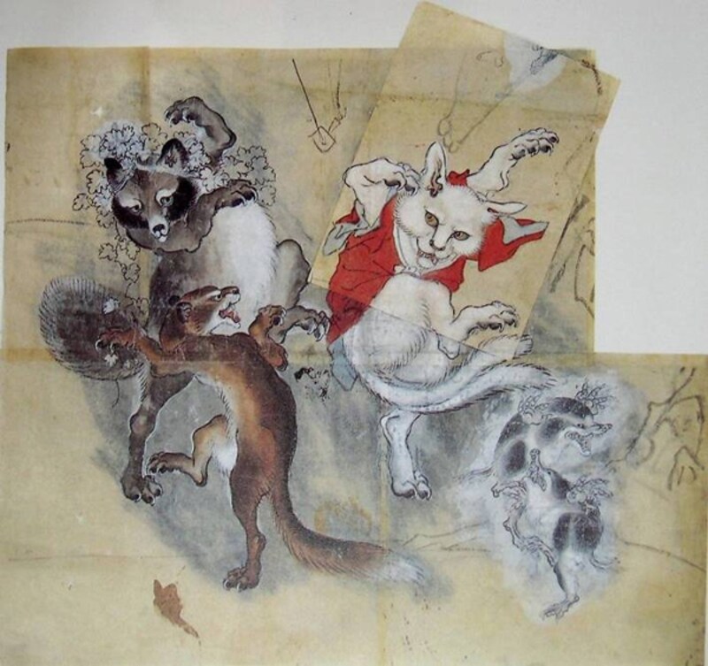 河鍋暁斎筆「鳥獣戯画undefined猫又と狸」