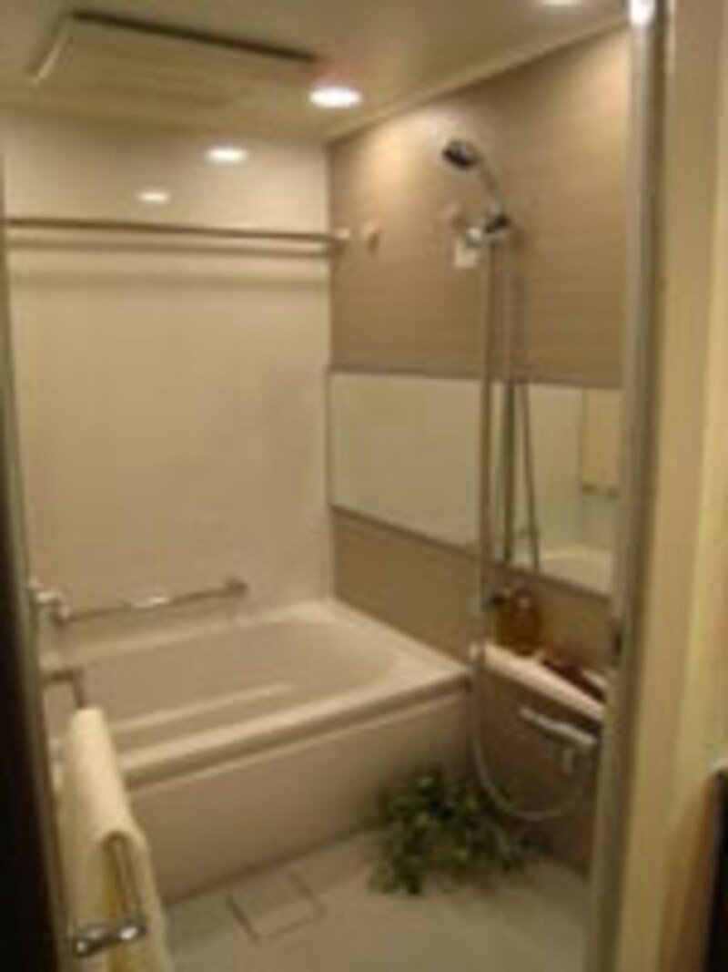 手すりにもなるスライドバーや握りやすいグリップ付きの浴槽など、人に優しいデザインのラクモアのバスルーム
