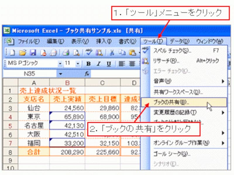「ツール」メニュー→「ブックの共有」をクリック