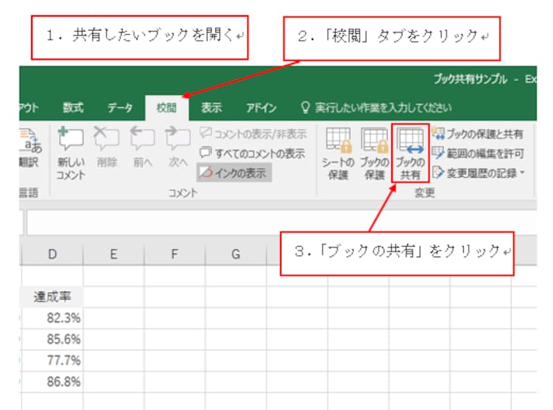 「校閲」タブ→「ブックの共有」をクリック