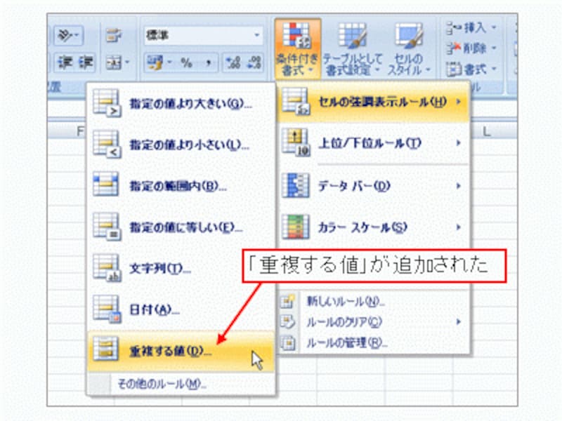 「セルの強調表示ルール」メニューの「重複する値」