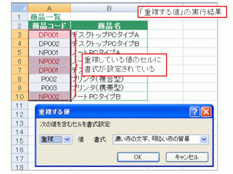 「重複する値」の実行結果