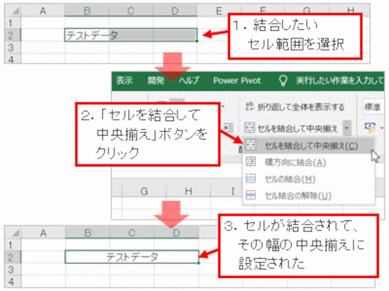「セルを結合して中央揃え」ボタン