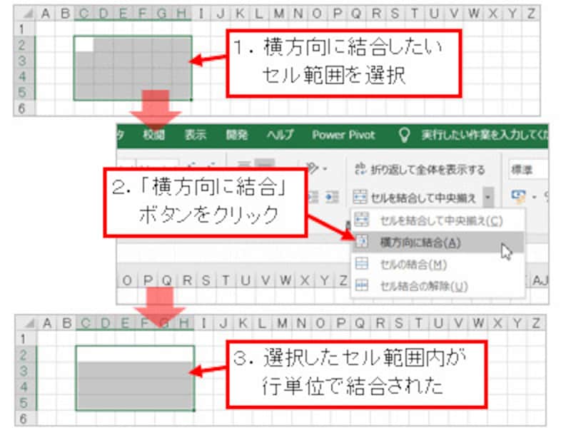 「横方向に結合」ボタン