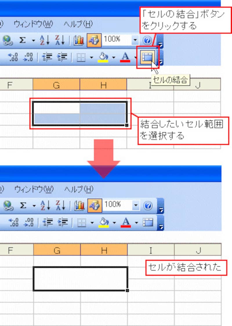 「セルの結合」ボタンをクリック