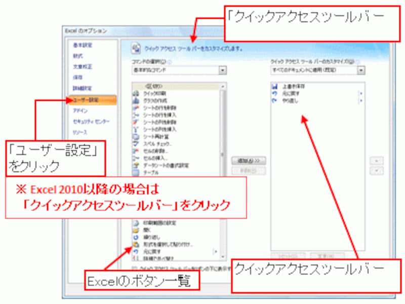 「ユーザー設定」をクリック※Excel 2010以降の場合は「クイックアクセスツールバー」をクリック