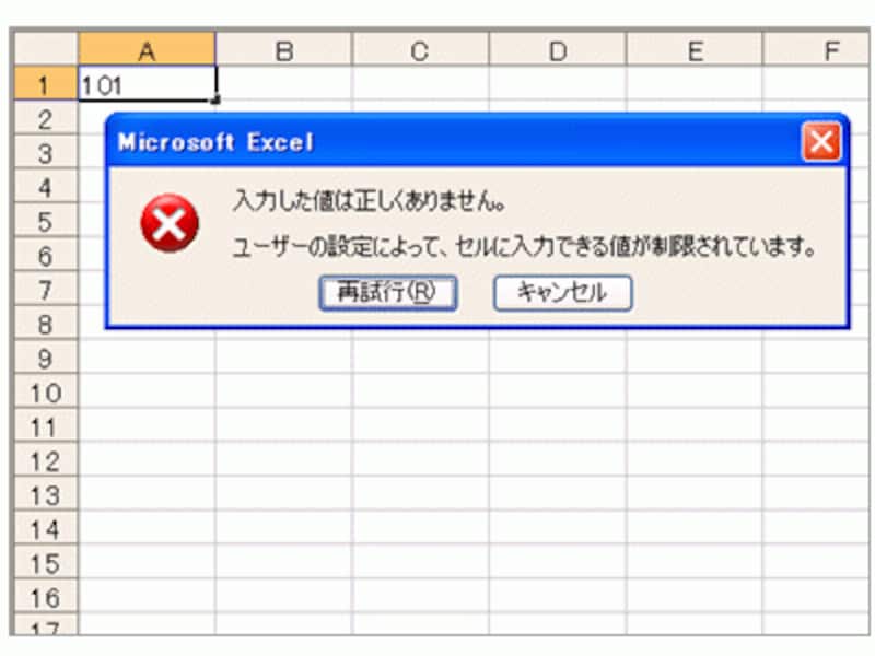 規則に反したデータを入力すると、メッセージが表示される