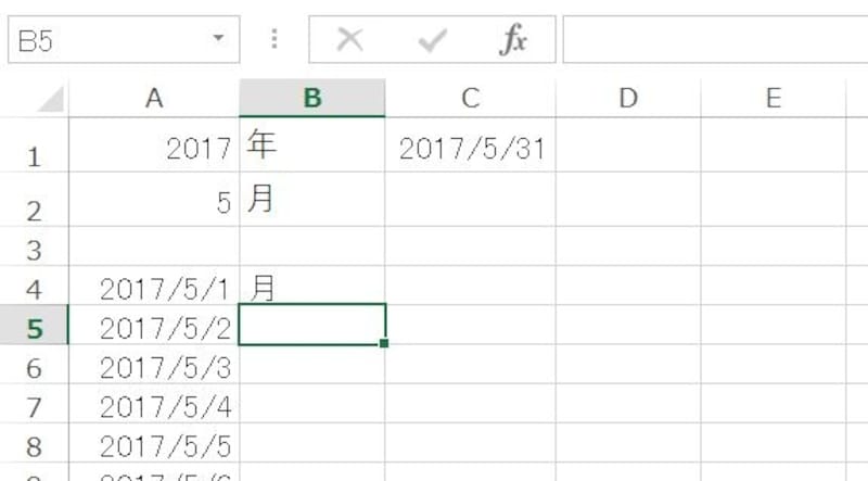 セルB4にセルA4の日付の曜日が表示された