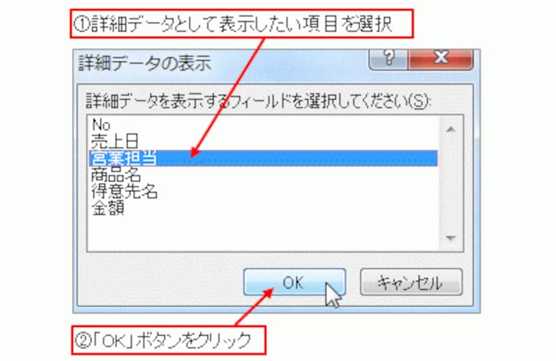 詳細データとして表示したい項目を選択して「OK」ボタンをクリック
