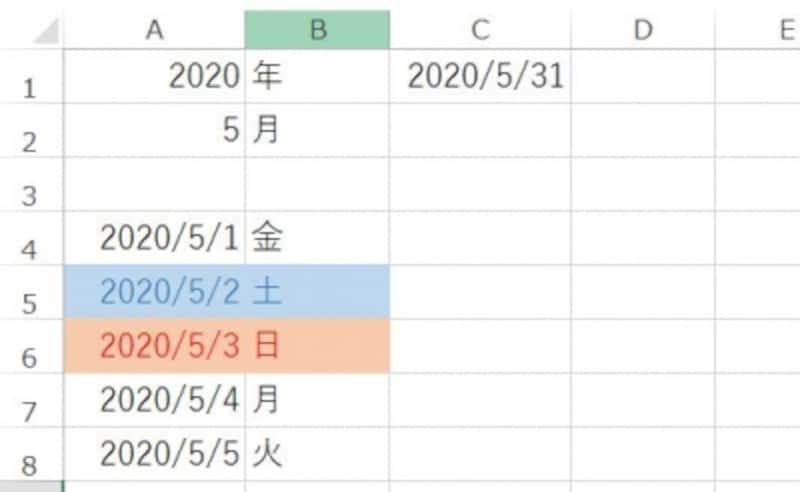 日付・曜日・書式の3つが自動設定される