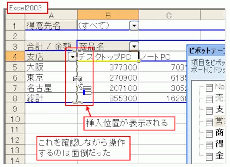 Excel2003では挿入位置を確認する必要があった