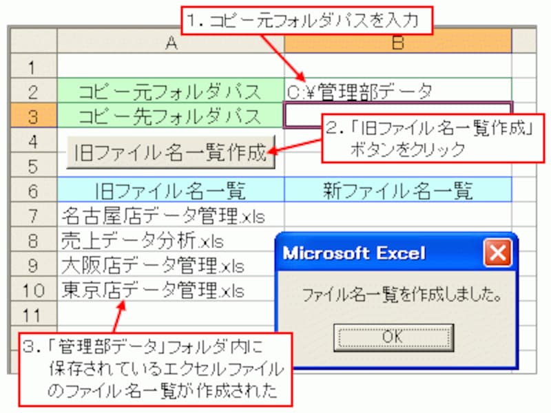 作成したマクロでファイル名一覧が作成できた